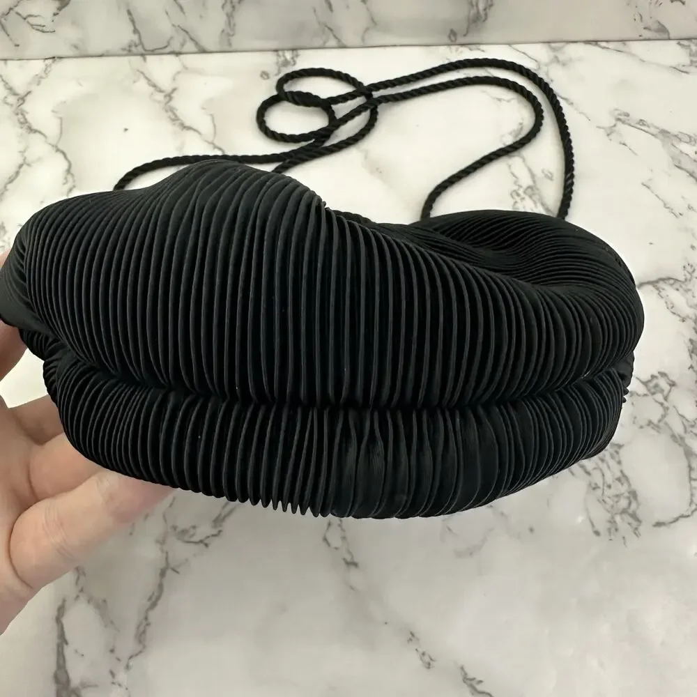 Vanessa Vintage 90s Evening Bag Clutch Purse Black Pleated Small Cord Strap